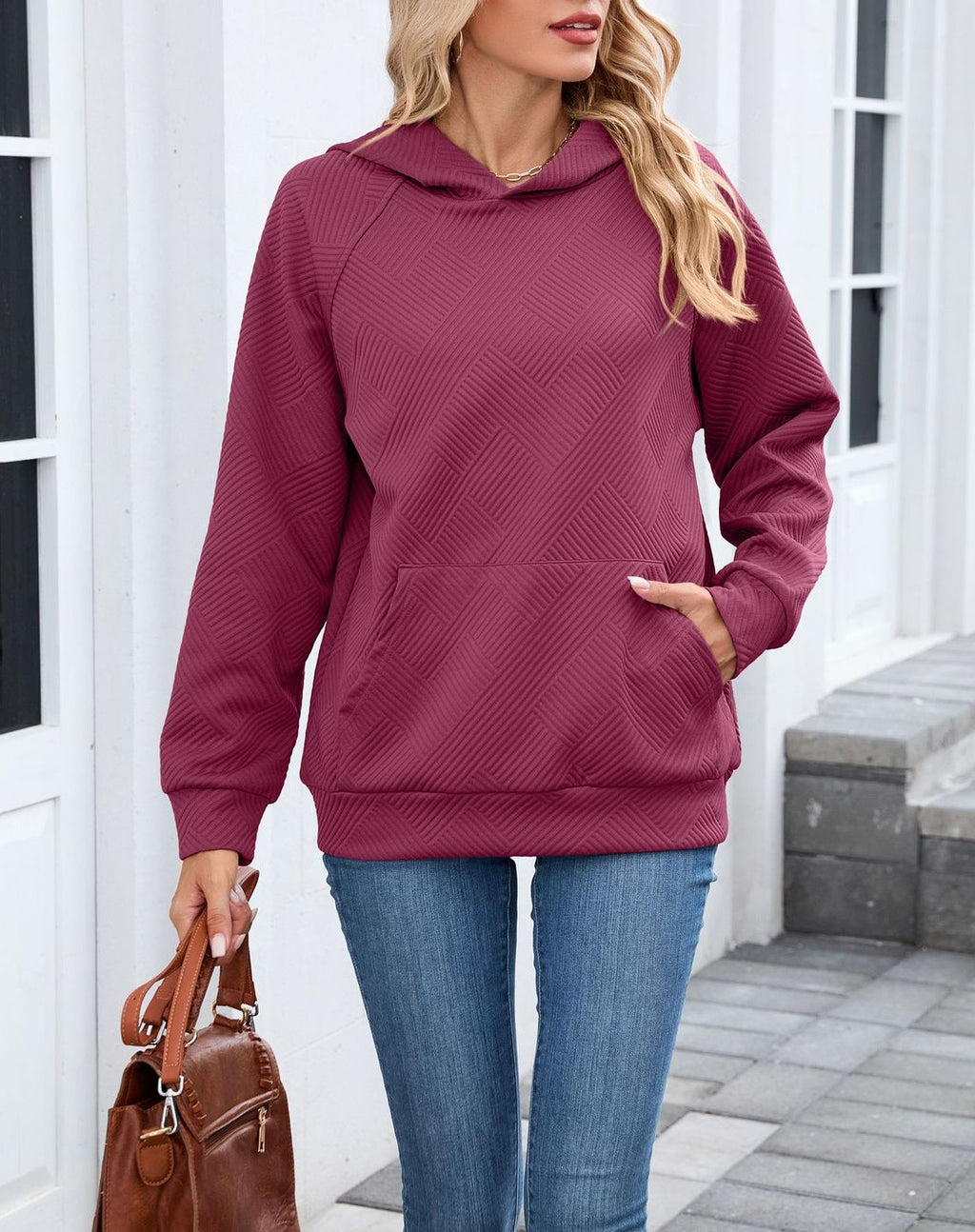 Quilted Raglan Sleeve Hooded Sweatshirt - Winered