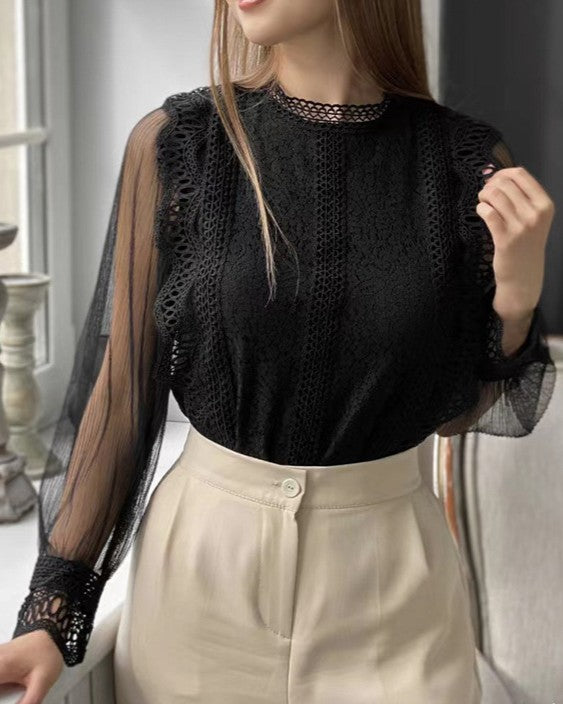 Sheer Mesh Sleeve Lace Panel Top - Black - 1
