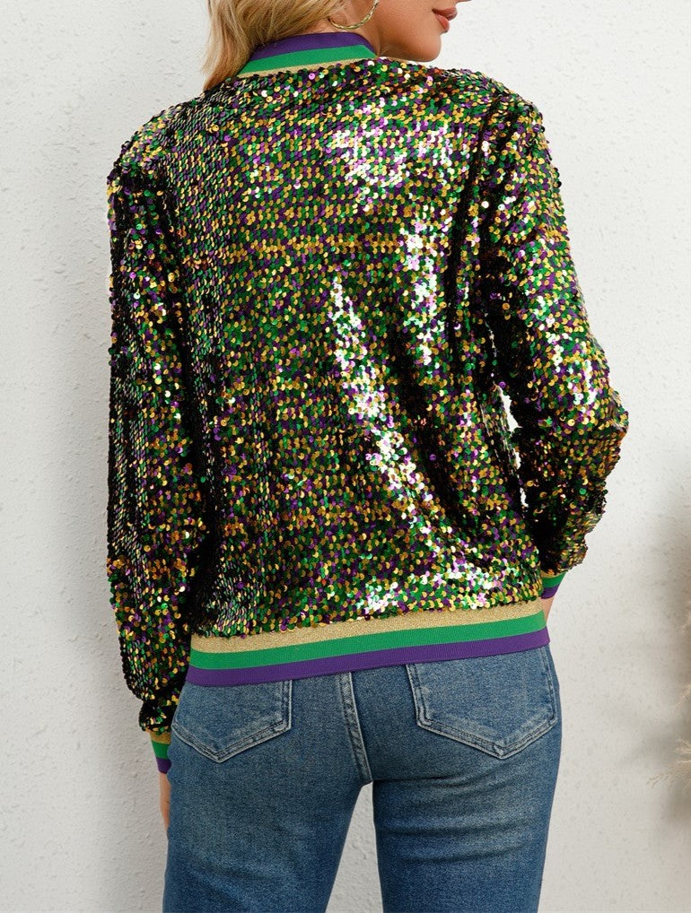 Mardi Gras Sequin Cropped Baseball Jacket - Green - 2