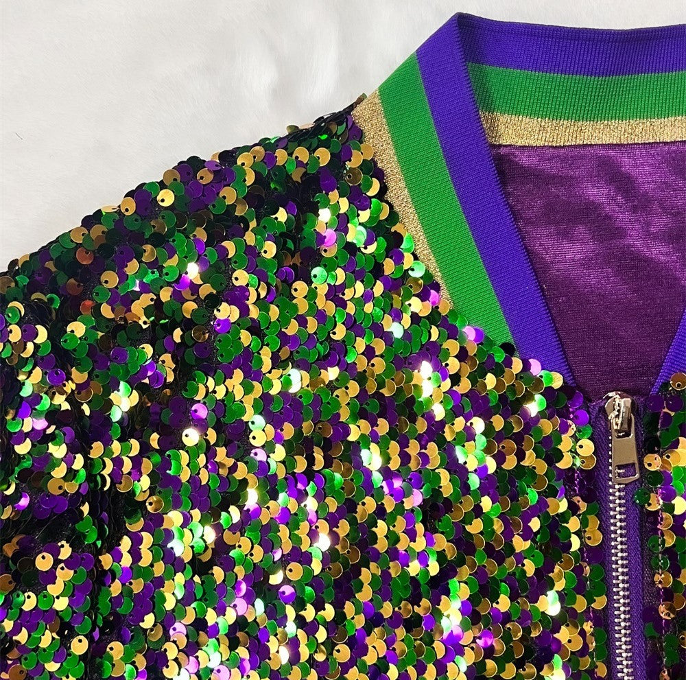 Mardi Gras Sequin Cropped Baseball Jacket - Green - 3