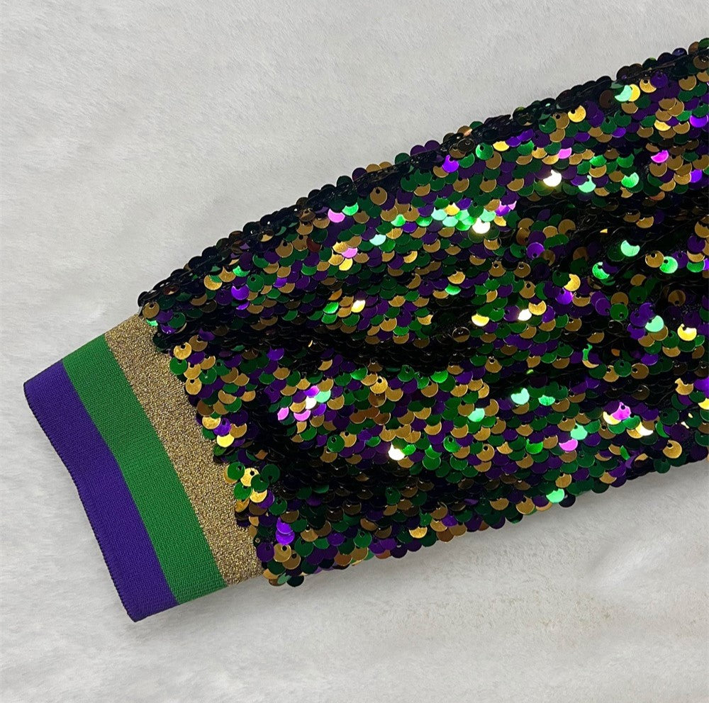 Mardi Gras Sequin Cropped Baseball Jacket - Green - 4