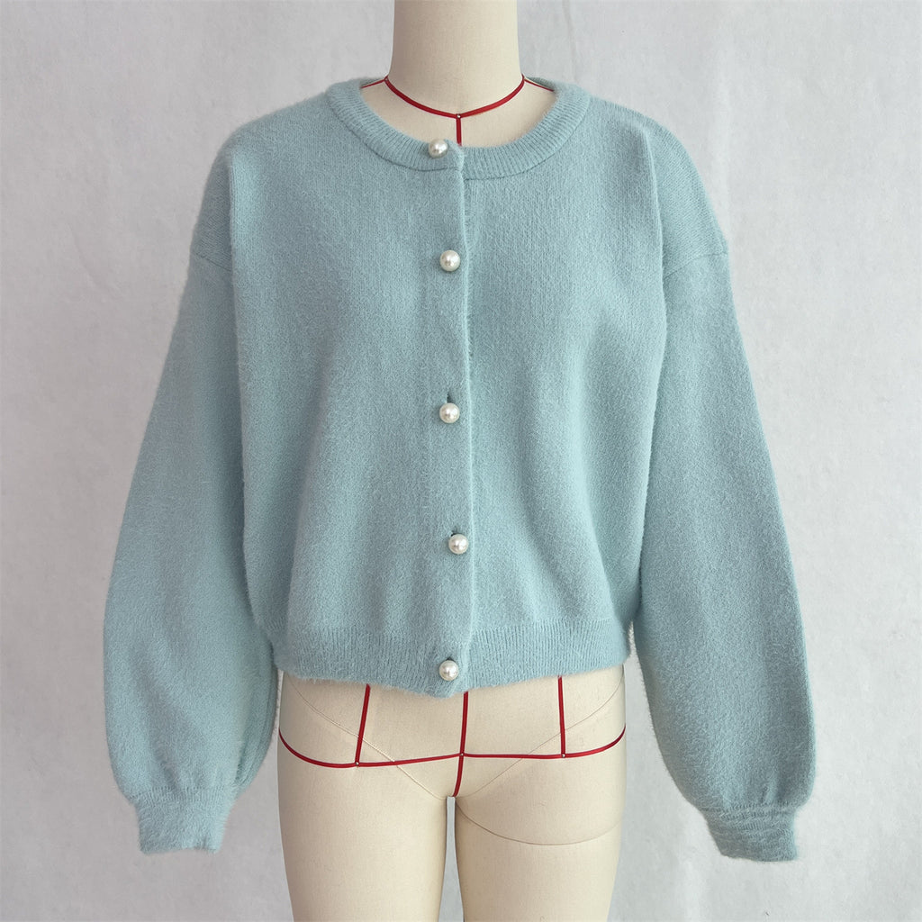 Fuzzy Puff Sleeve Cardigan With Jewel Buttons - Blue