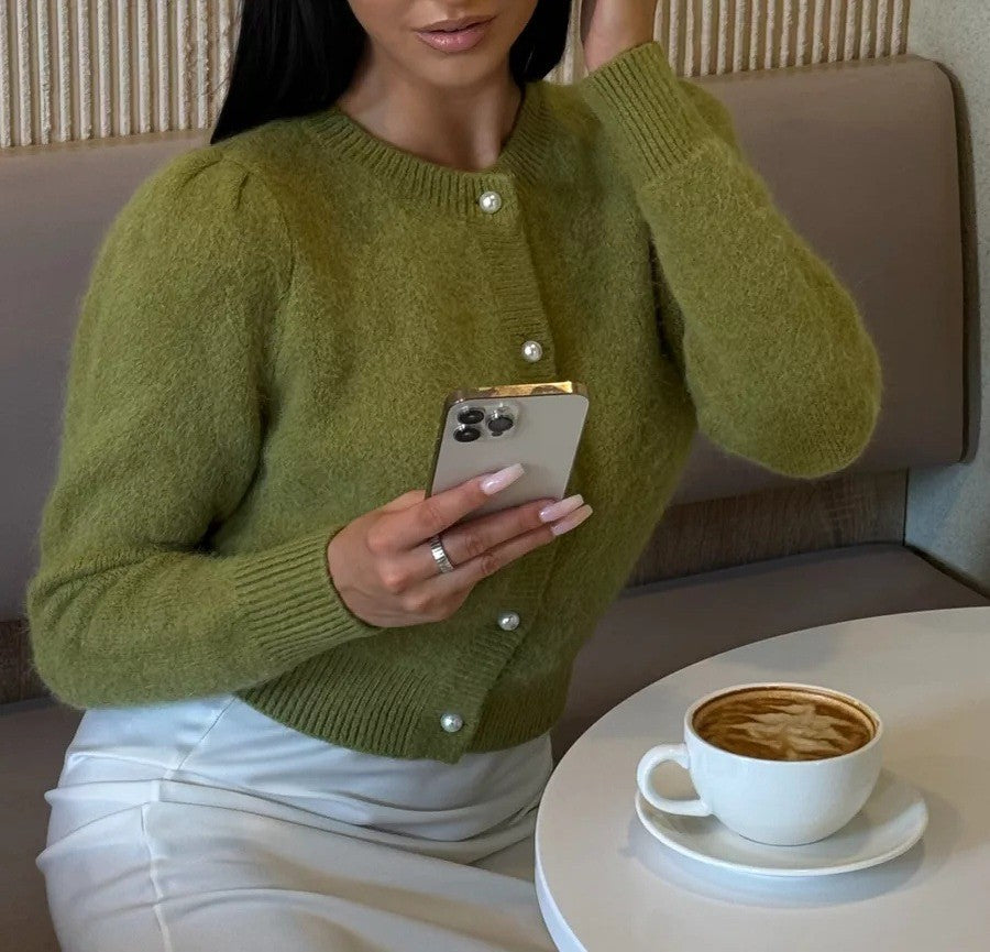Fuzzy Puff Sleeve Cardigan With Jewel Buttons - Green