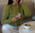 Fuzzy Puff Sleeve Cardigan With Jewel Buttons - Green