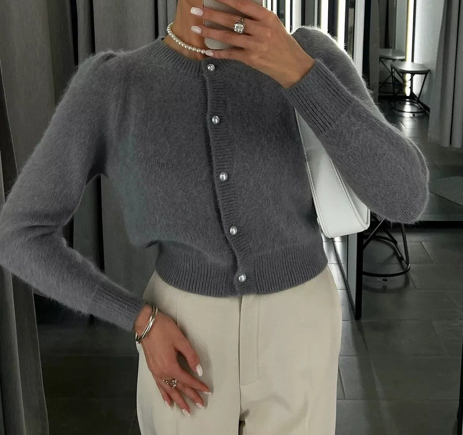 Fuzzy Puff Sleeve Cardigan With Jewel Buttons - Grey