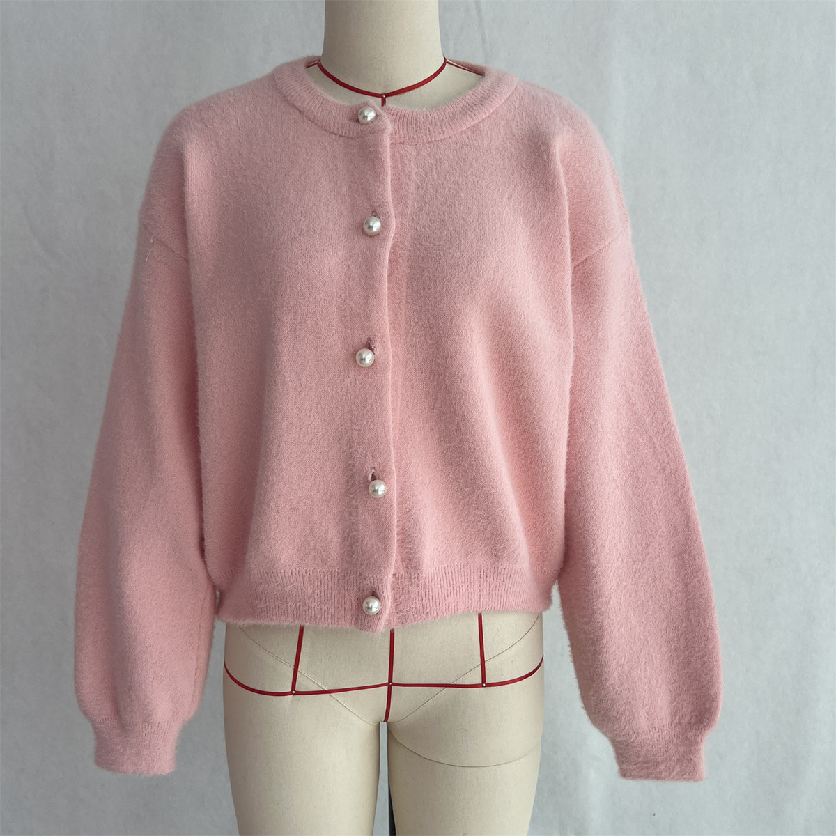 Fuzzy Puff Sleeve Cardigan With Jewel Buttons - Pink