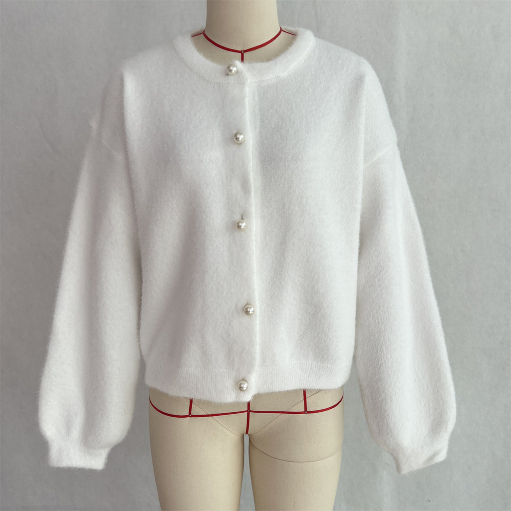 Fuzzy Puff Sleeve Cardigan With Jewel Buttons - White