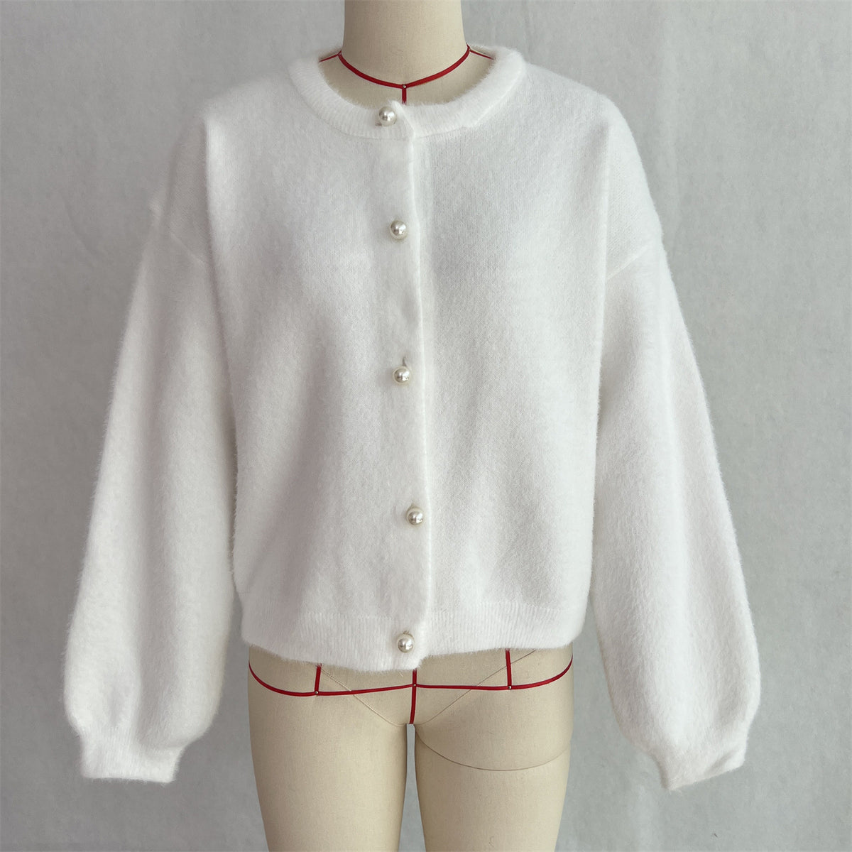 Fuzzy Puff Sleeve Cardigan With Jewel Buttons - White