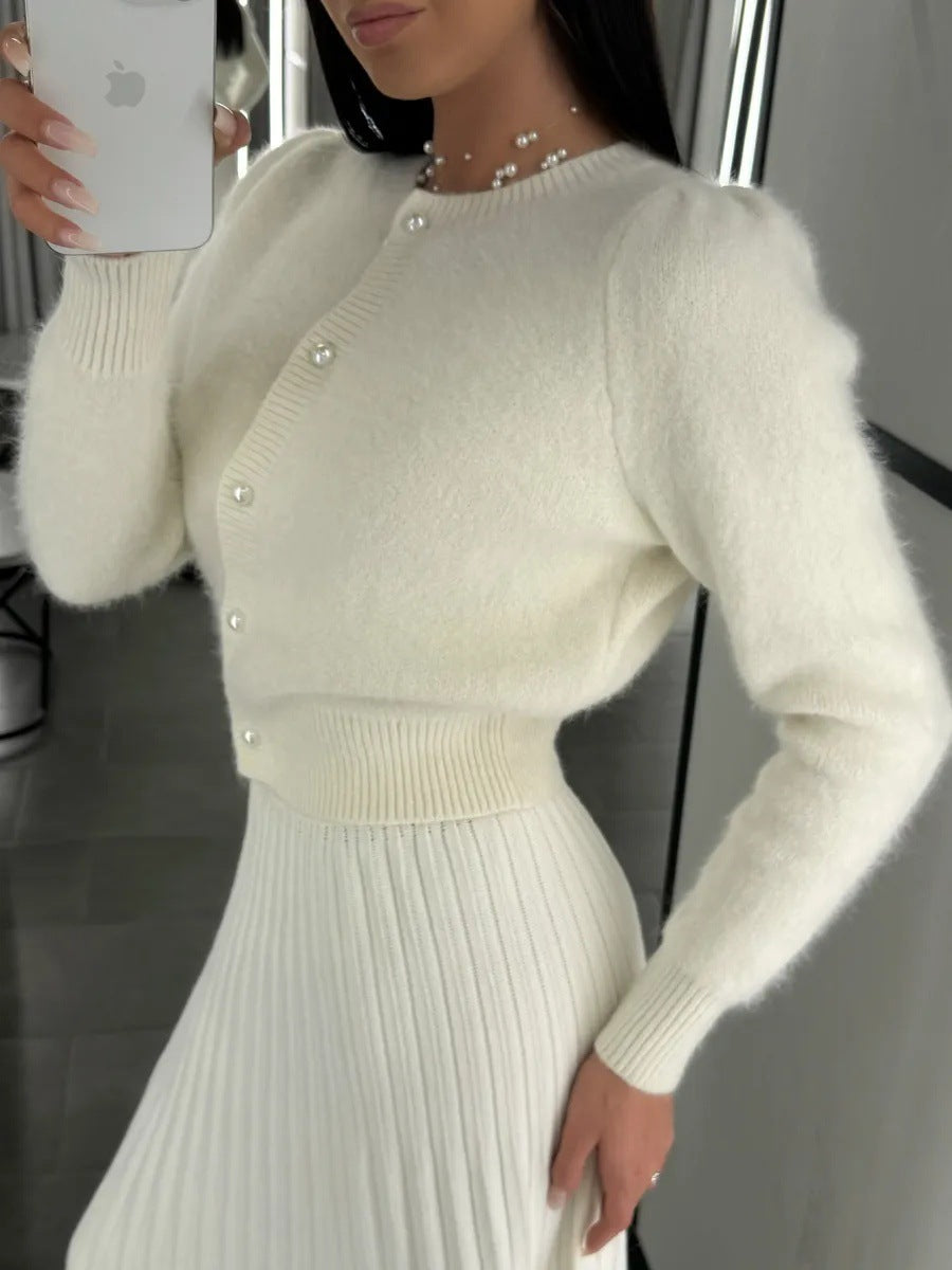 Fuzzy Puff Sleeve Cardigan With Jewel Buttons