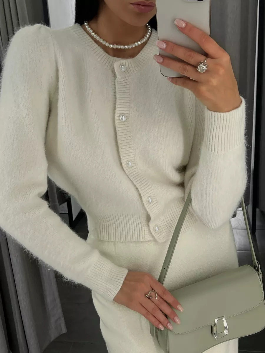 Fuzzy Puff Sleeve Cardigan With Jewel Buttons - view 1