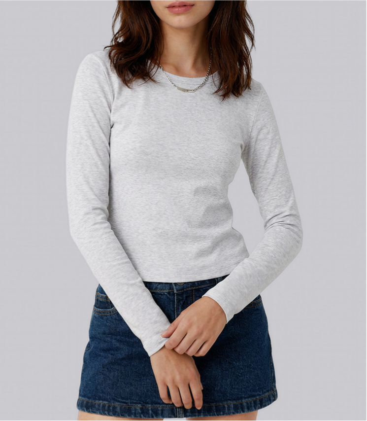 Ribbed Slim Long Sleeve Crew Neck Tee - Grey