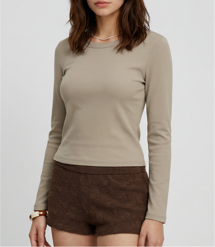 Ribbed Slim Long Sleeve Crew Neck Tee - Khaki - 1