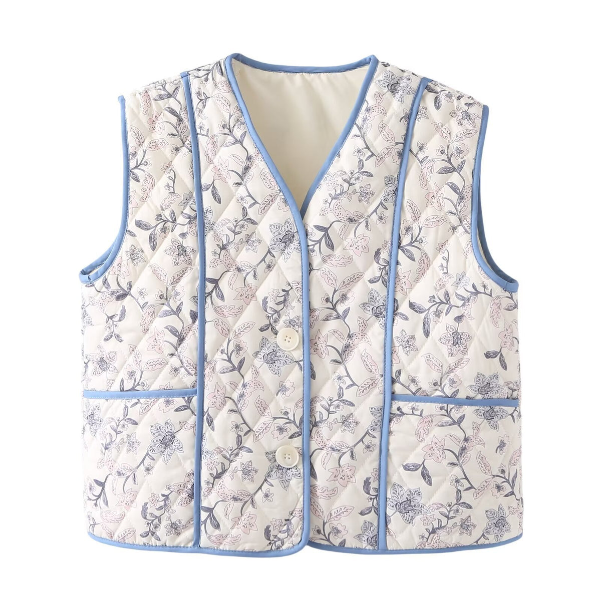 Floral Quilted Contrast Trim Vest - Blue