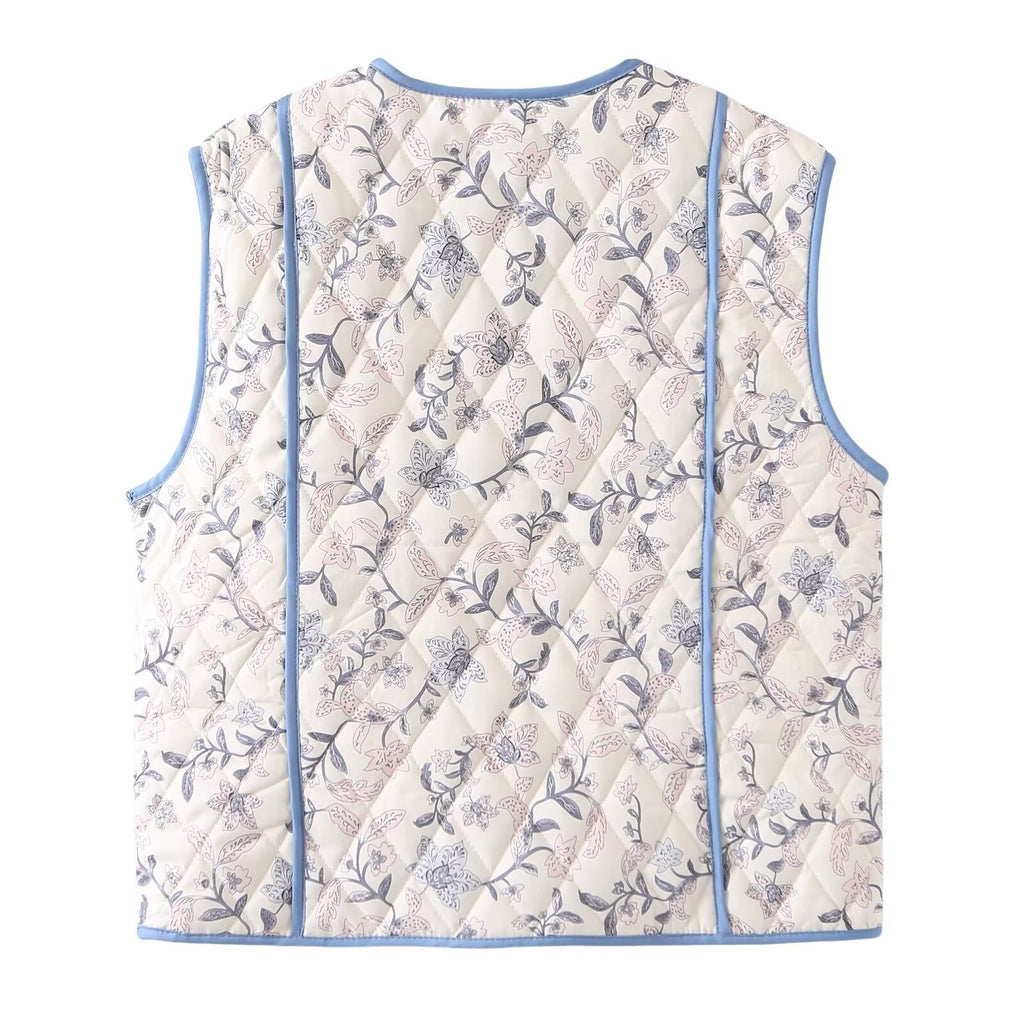 Floral Quilted Contrast Trim Vest - Blue - 1