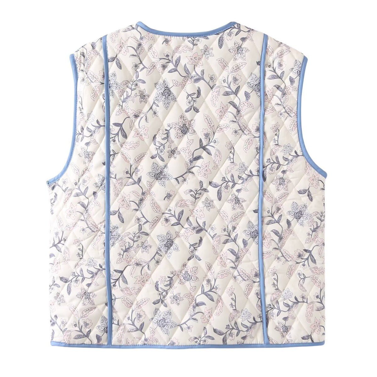 Floral Quilted Contrast Trim Vest - Blue - 1