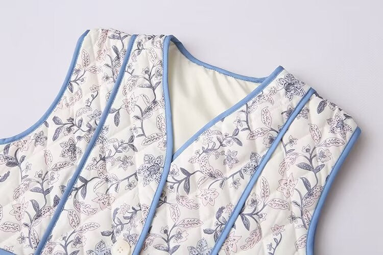 Floral Quilted Contrast Trim Vest - Blue - 2