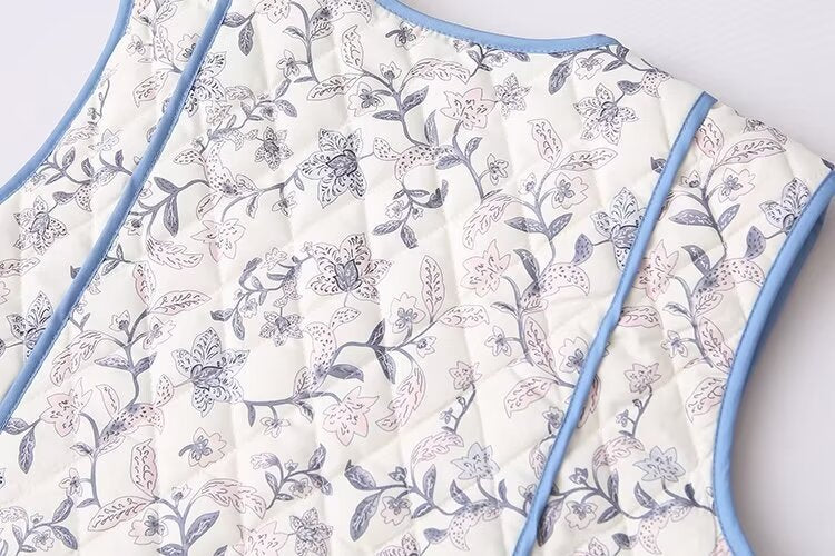 Floral Quilted Contrast Trim Vest - Blue - 3
