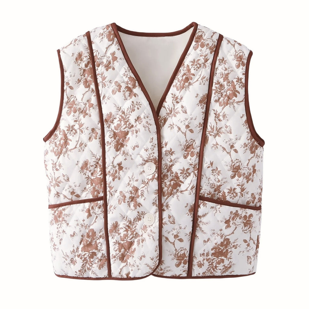 Floral Quilted Contrast Trim Vest - Brown