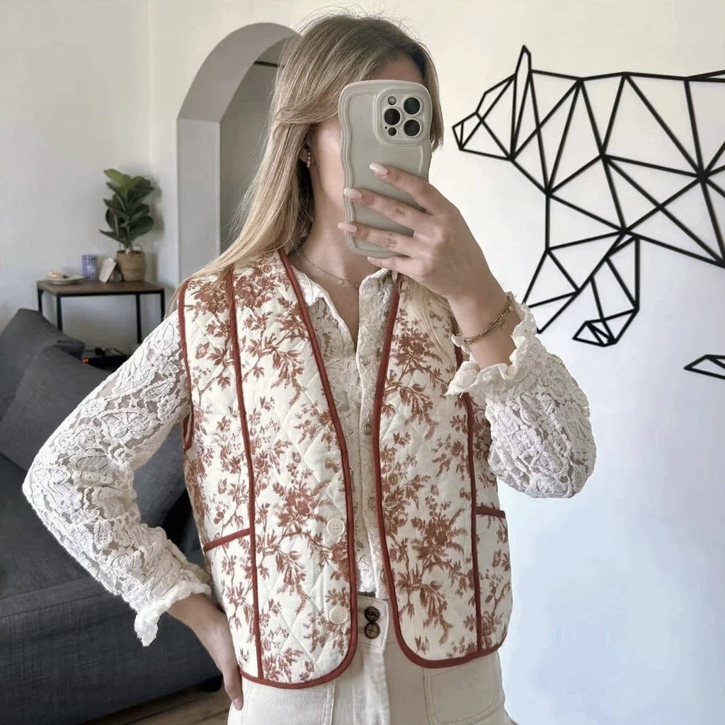 Floral Quilted Contrast Trim Vest