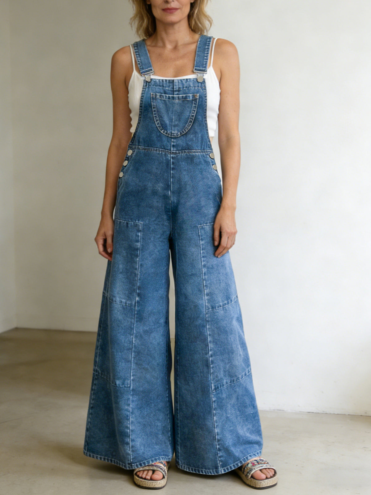 Oversized Flare Leg Bib Denim Overalls - Blue - 10