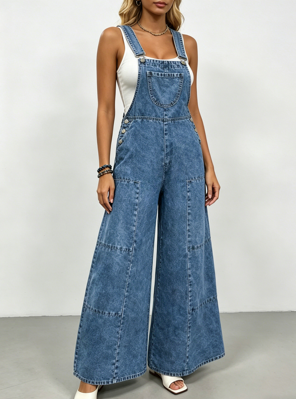 Oversized Flare Leg Bib Denim Overalls - Blue - 11