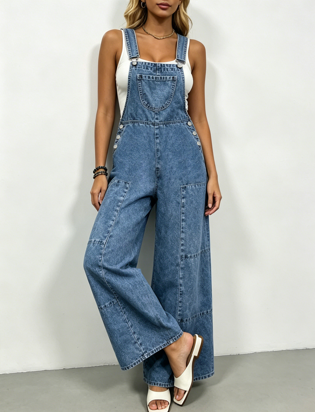 Oversized Flare Leg Bib Denim Overalls - Blue - 8
