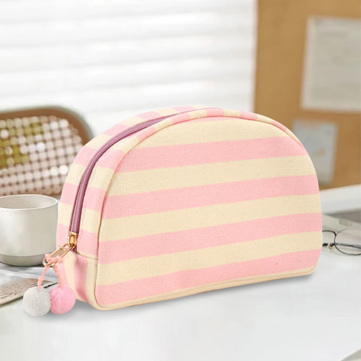 Shell Shaped Cosmetic Pouch With Pom Charm - BPink