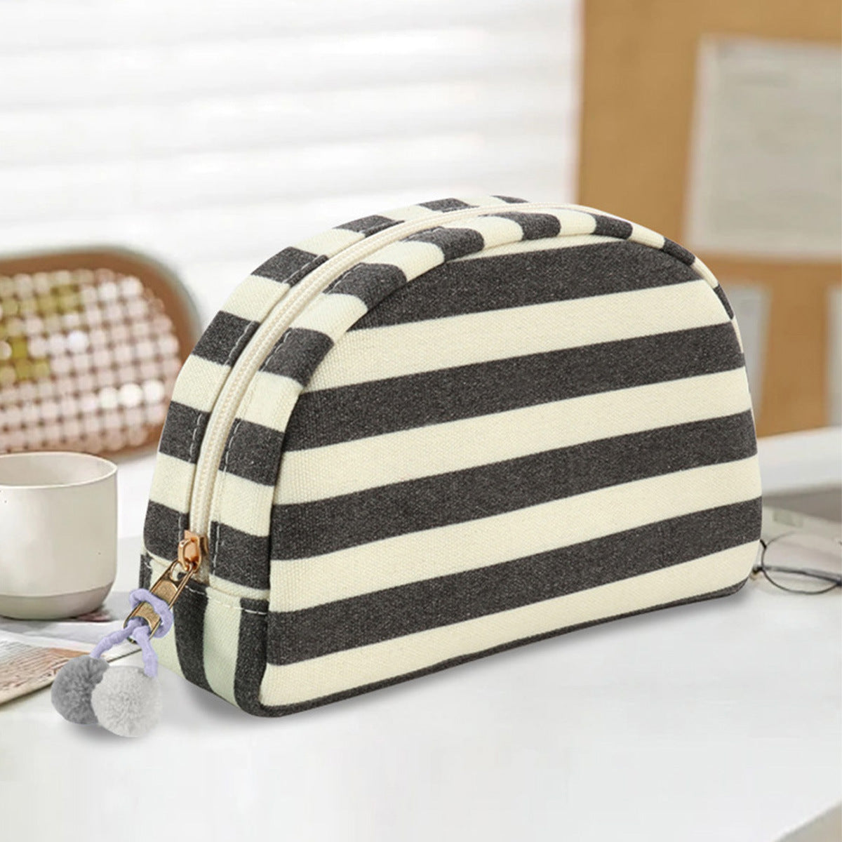 Shell Shaped Cosmetic Pouch With Pom Charm - Black
