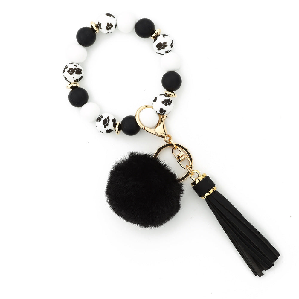 Silicone Bead Wristlet Keychain With Pom Tassel - Black