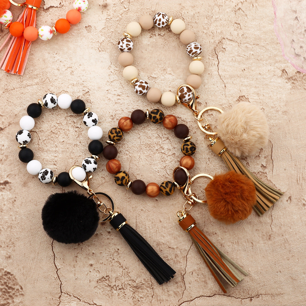 Silicone Bead Wristlet Keychain With Pom Tassel - Black - 1