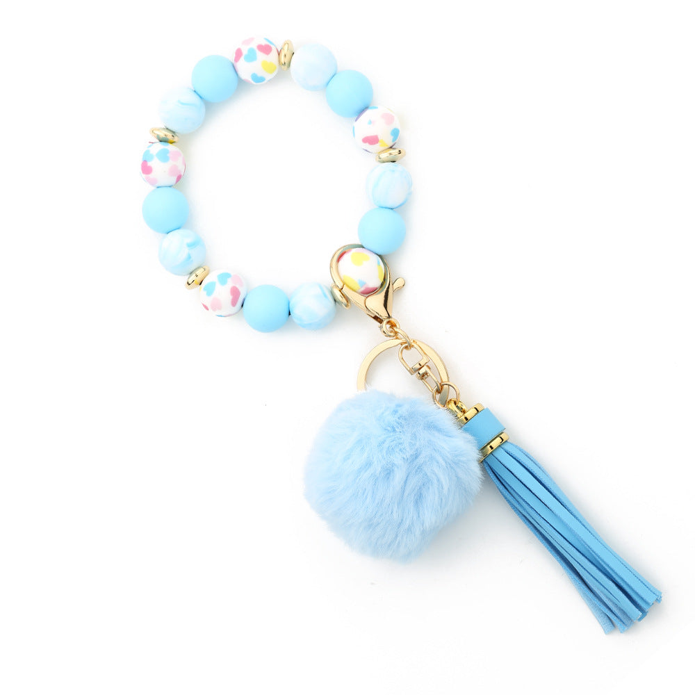 Silicone Bead Wristlet Keychain With Pom Tassel - Blue
