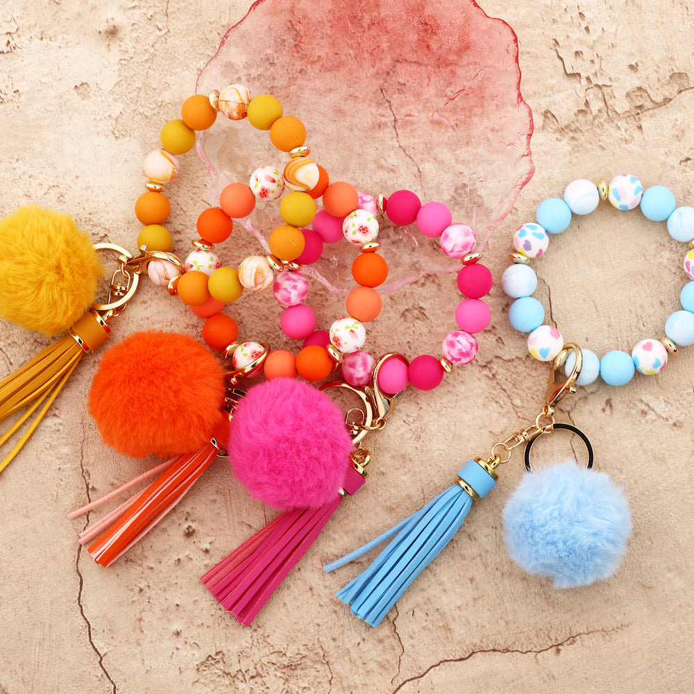 Silicone Bead Wristlet Keychain With Pom Tassel - Blue - 1