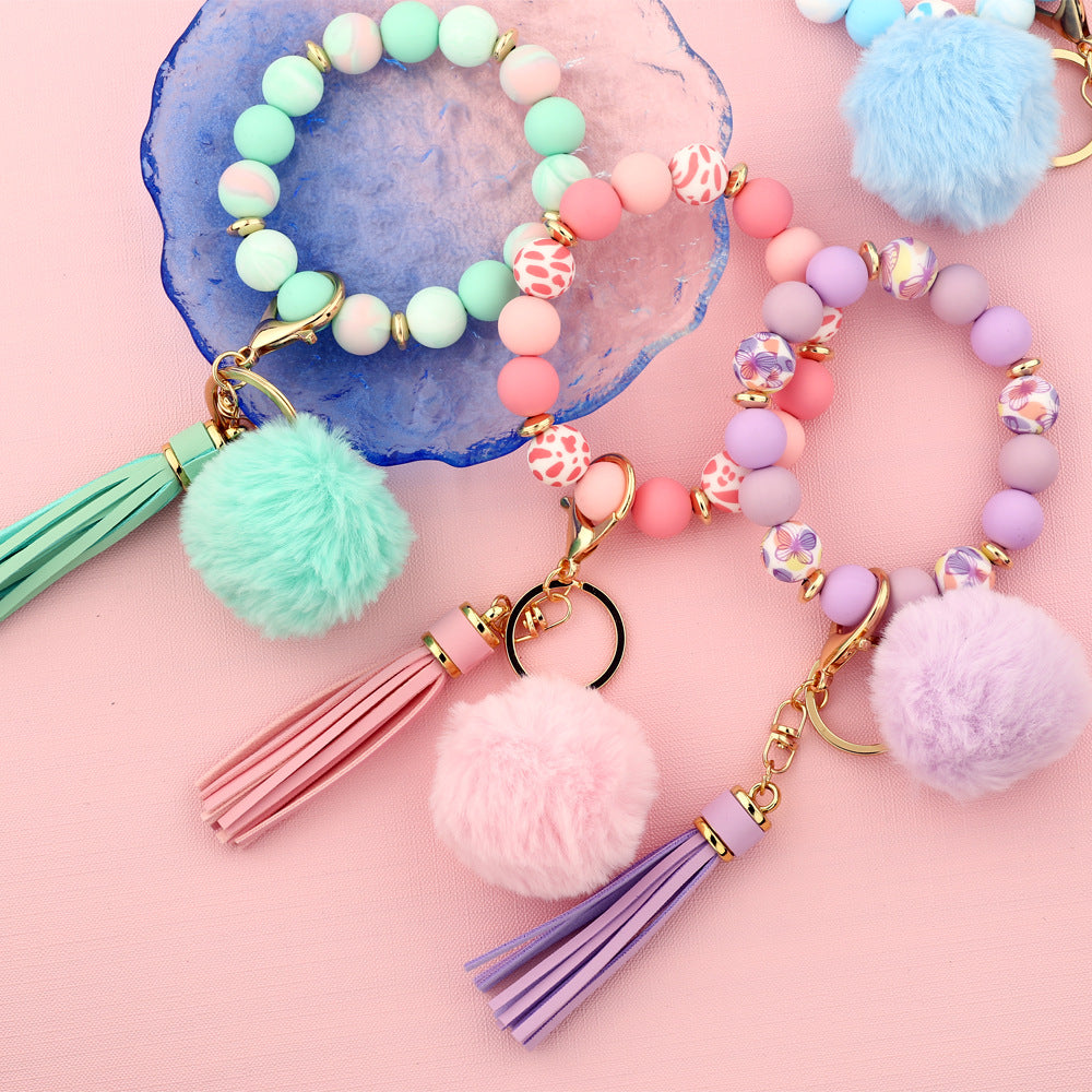 Silicone Bead Wristlet Keychain With Pom Tassel - Blue - 2