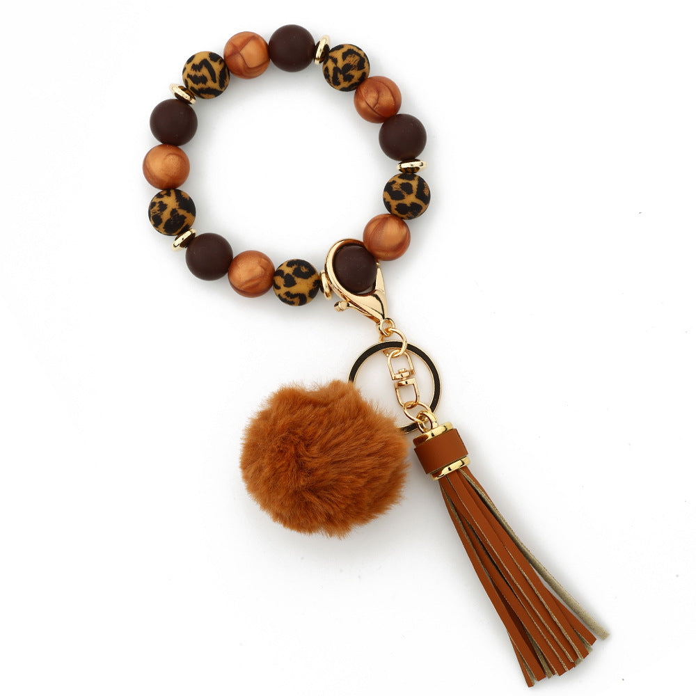 Silicone Bead Wristlet Keychain With Pom Tassel - Coffee
