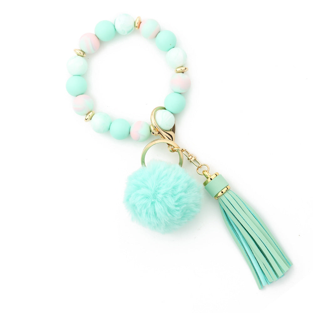 Silicone Bead Wristlet Keychain With Pom Tassel - Green