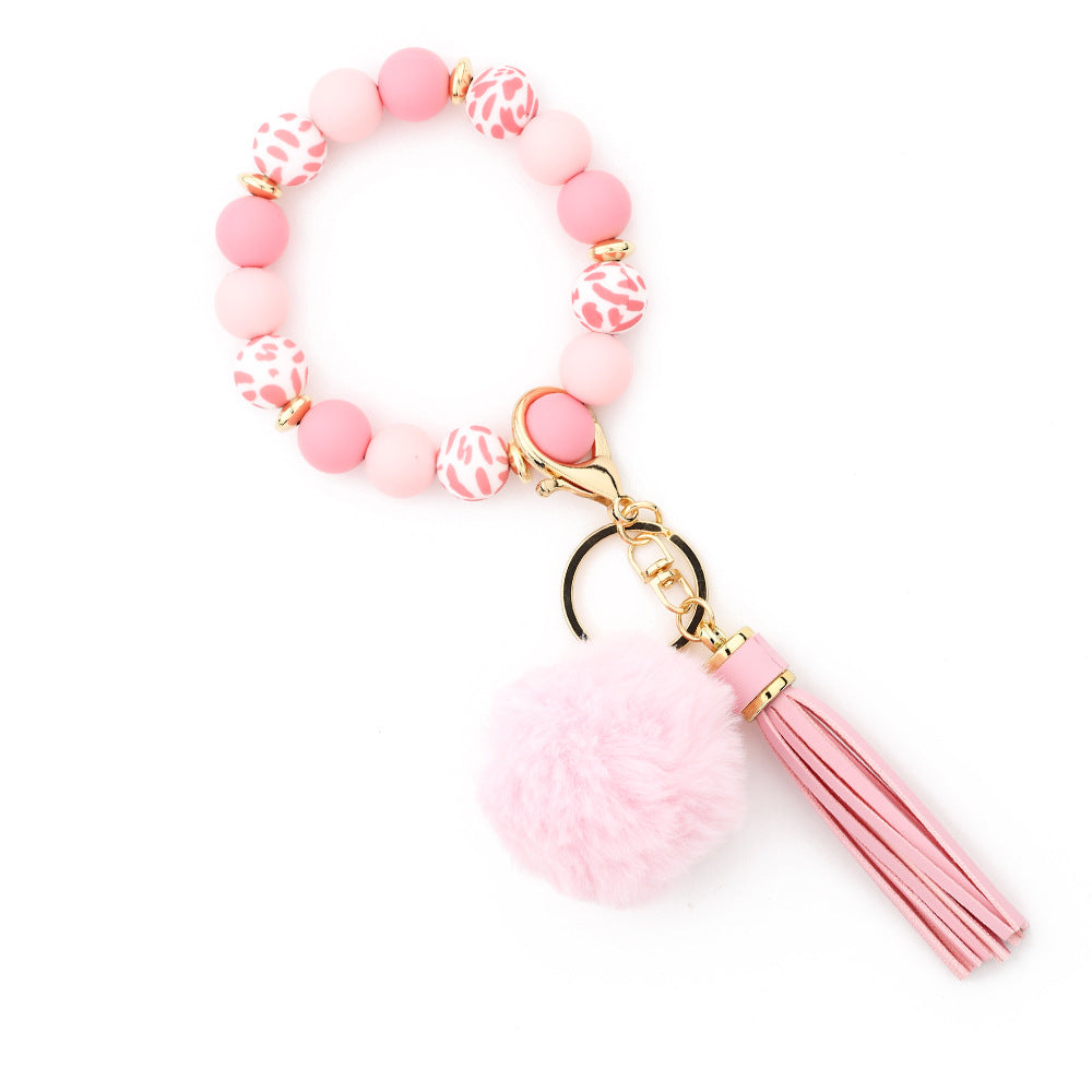 Silicone Bead Wristlet Keychain With Pom Tassel - Pink