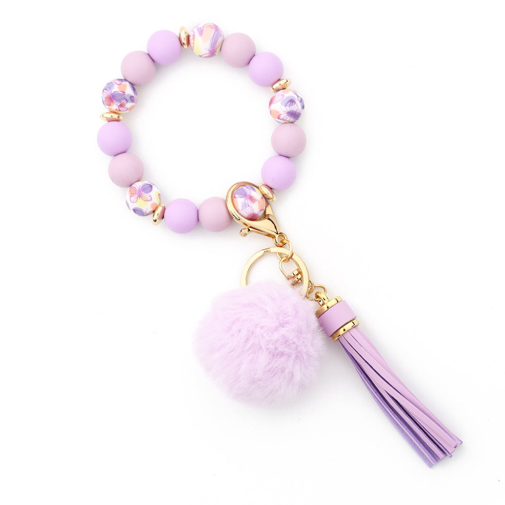 Silicone Bead Wristlet Keychain With Pom Tassel - Purple