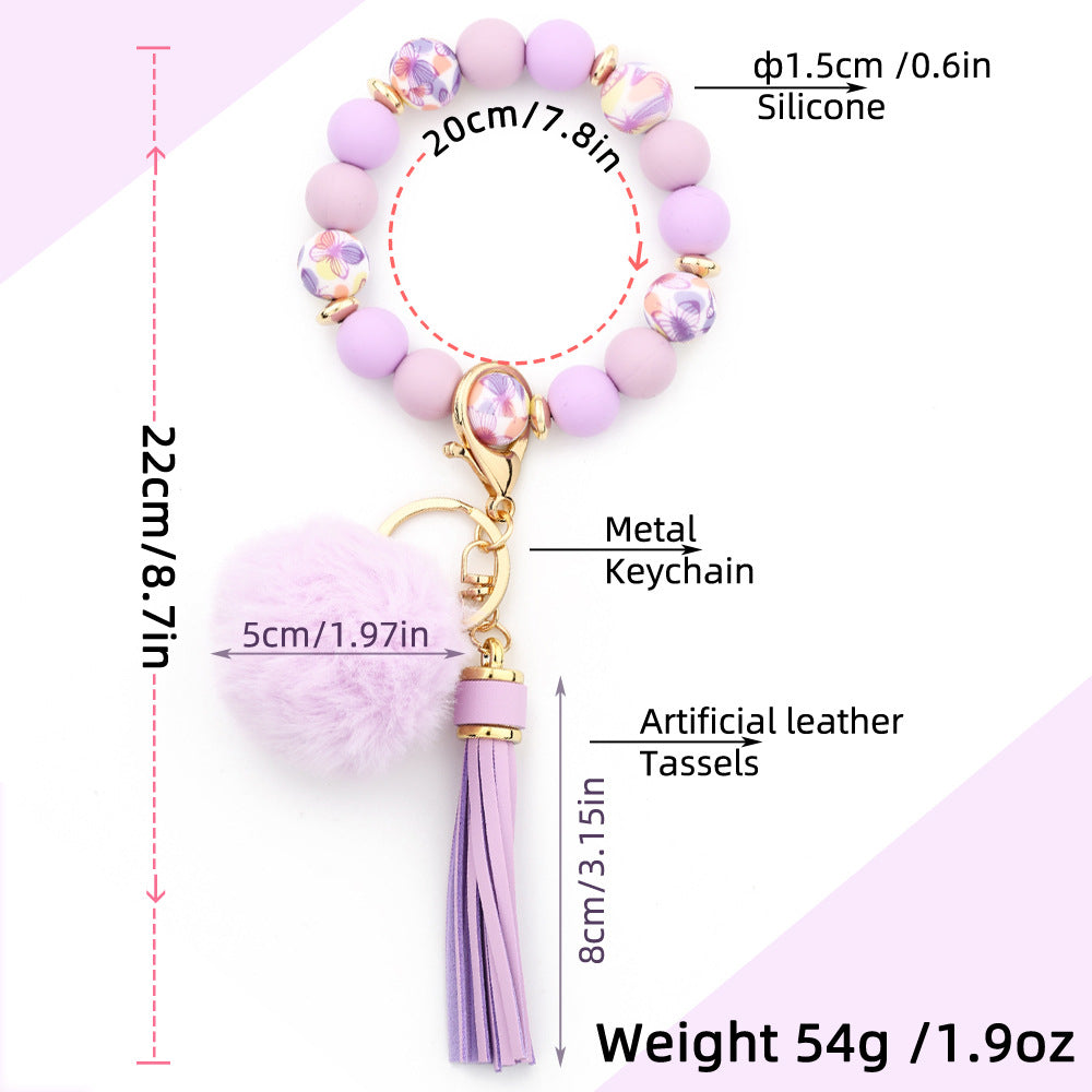 Silicone Bead Wristlet Keychain With Pom Tassel - Purple - 1