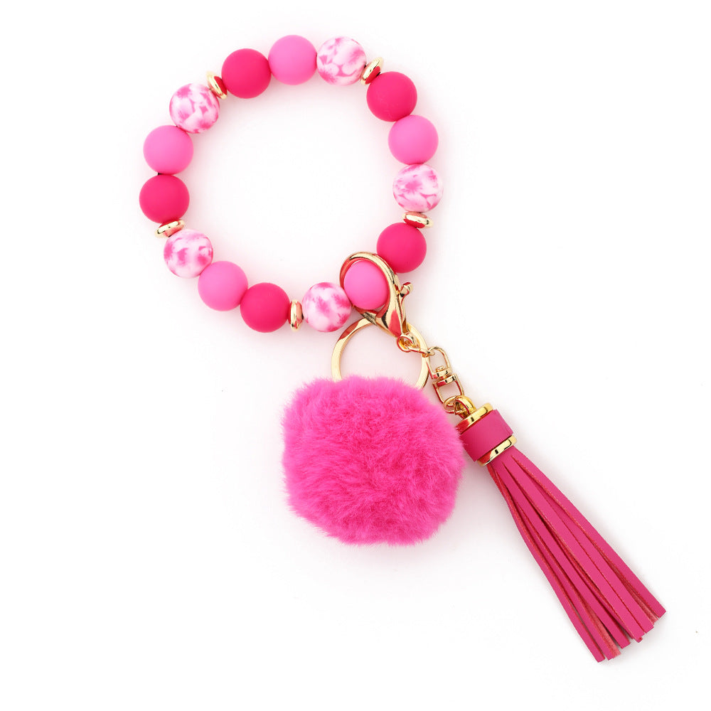 Silicone Bead Wristlet Keychain With Pom Tassel - Rosered