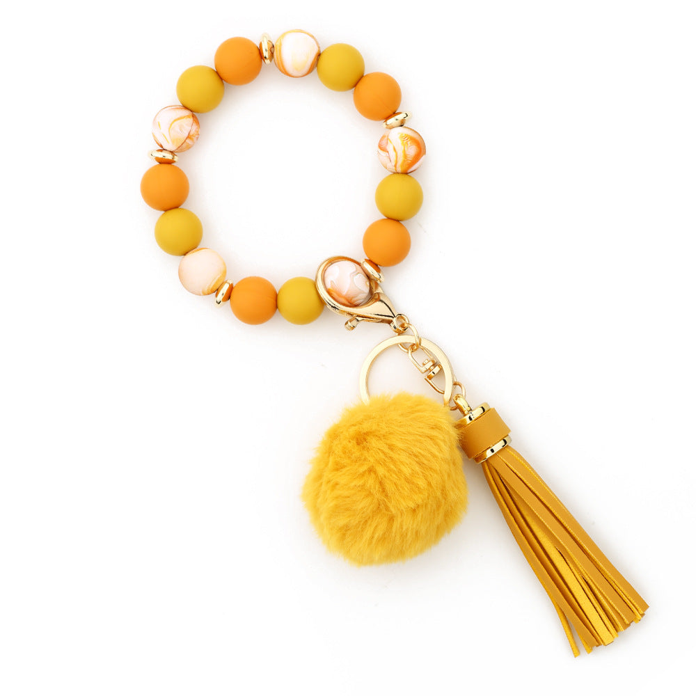 Silicone Bead Wristlet Keychain With Pom Tassel - Yellow