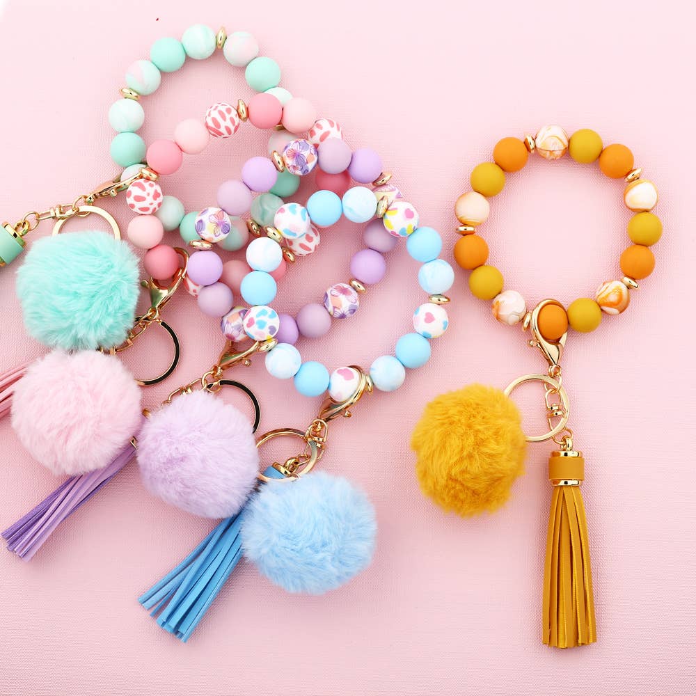 Silicone Bead Wristlet Keychain With Pom Tassel