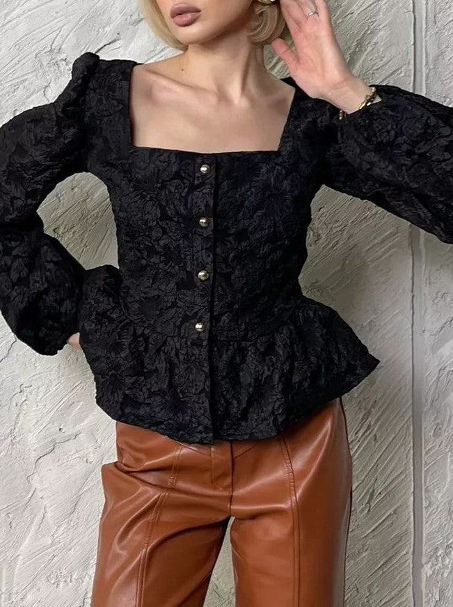Textured Jacquard Peplum Blouse With Puff Sleeves - Black
