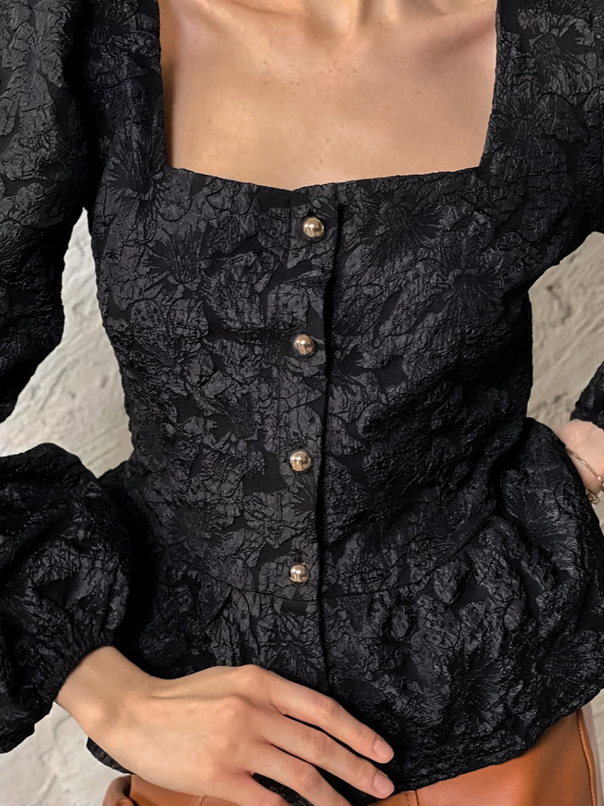 Textured Jacquard Peplum Blouse With Puff Sleeves - Black - 1