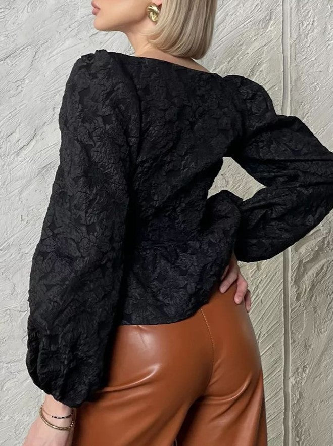 Textured Jacquard Peplum Blouse With Puff Sleeves - Black - 2