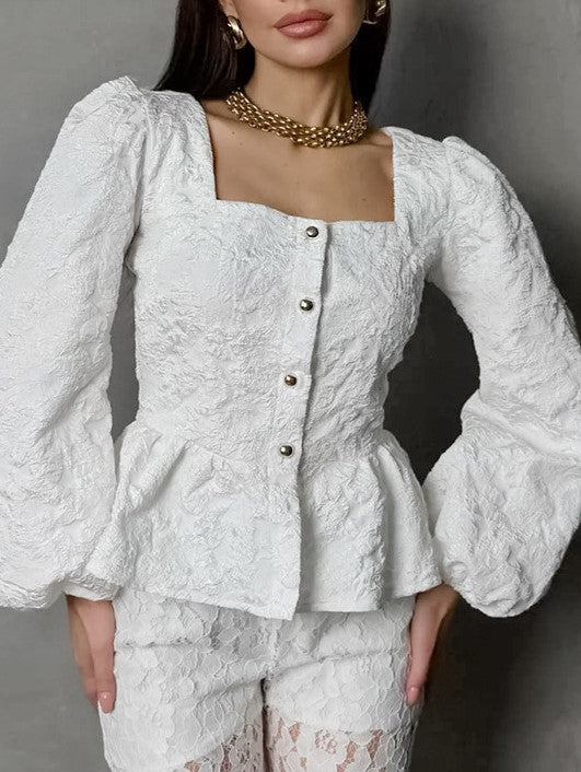 Textured Jacquard Peplum Blouse With Puff Sleeves - White