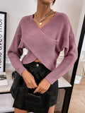 Crossover Hem V Neck Crop Sweater - Purple
