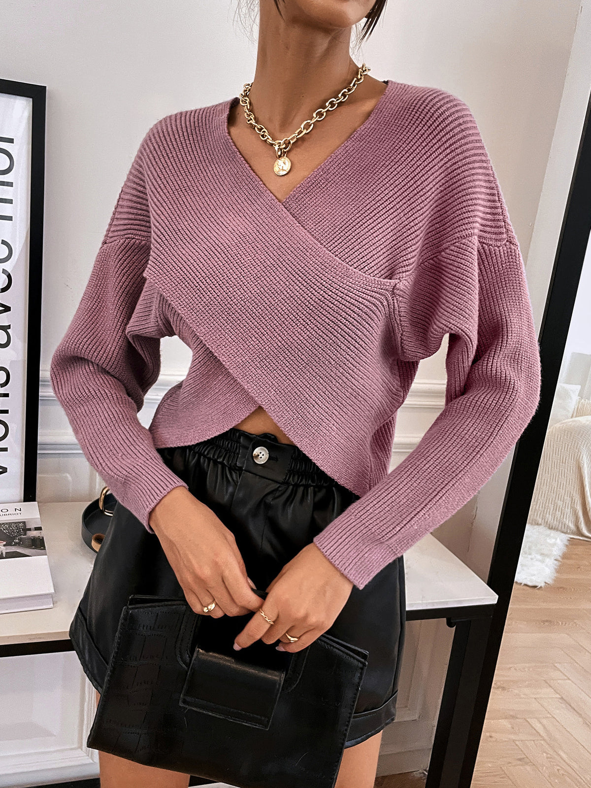 Crossover Hem V Neck Crop Sweater - Purple