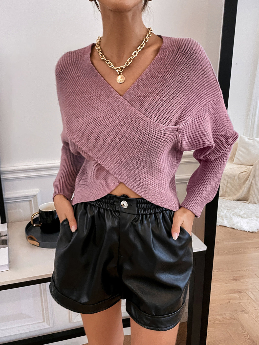 Crossover Hem V Neck Crop Sweater - Purple - 3