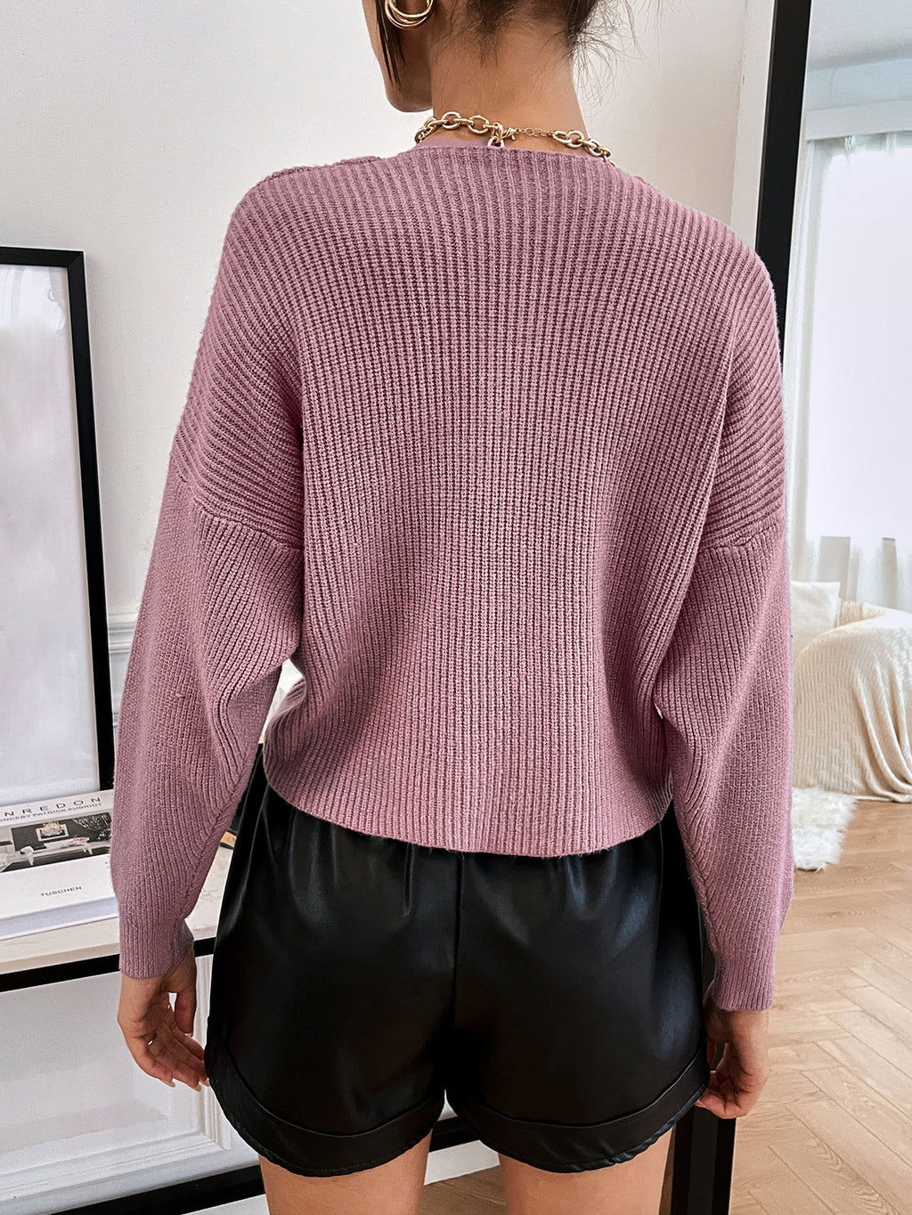 Crossover Hem V Neck Crop Sweater - Purple - 5