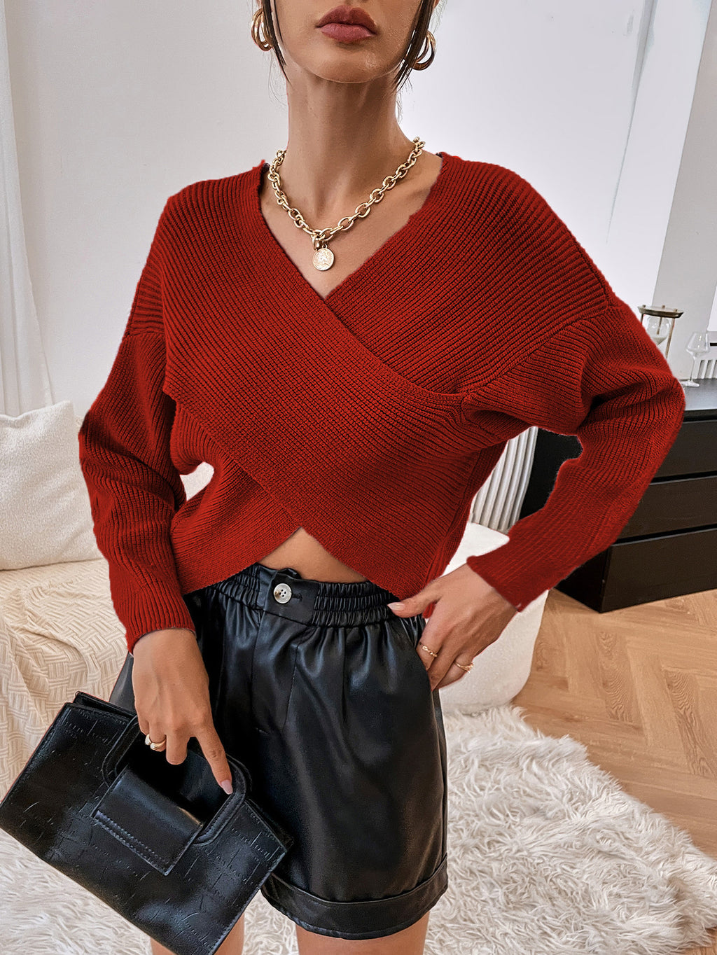 Crossover Hem V Neck Crop Sweater - Red - 1